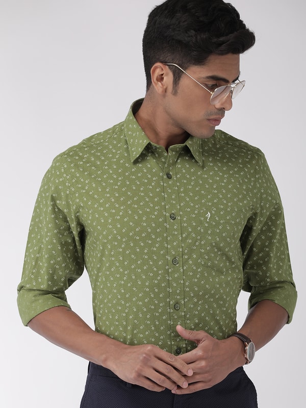 Mens Green Printed Slim Fit Casual Shirt